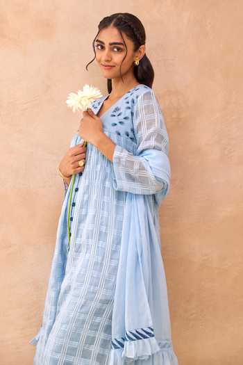 Buy_Taro_Blue Cotton V-neck Skyloom Floral Embroidered Dress _Online_at_Aza_Fashions