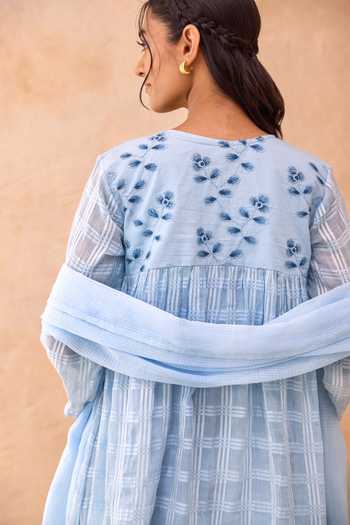 Shop_Taro_Blue Cotton V-neck Skyloom Floral Embroidered Dress _Online_at_Aza_Fashions