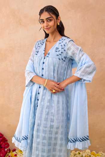 Buy_Taro_Blue Cotton, Kota Doria V-neck Morning Mist Embroidered Kurta Set _Online_at_Aza_Fashions