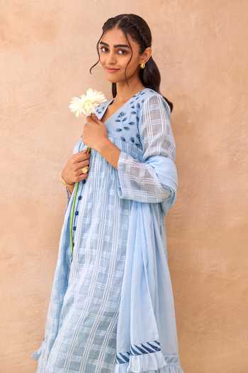 Shop_Taro_Blue Cotton, Kota Doria V-neck Morning Mist Embroidered Kurta Set _Online_at_Aza_Fashions