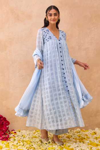 Taro_Blue Cotton, Kota Doria V-neck Morning Mist Embroidered Kurta Set _at_Aza_Fashions