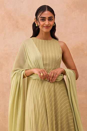 Taro_Green Silk, Cotton, Georgette, Chiffon Olive Mist Stripe Pattern Anarkali Set _Online_at_Aza_Fashions