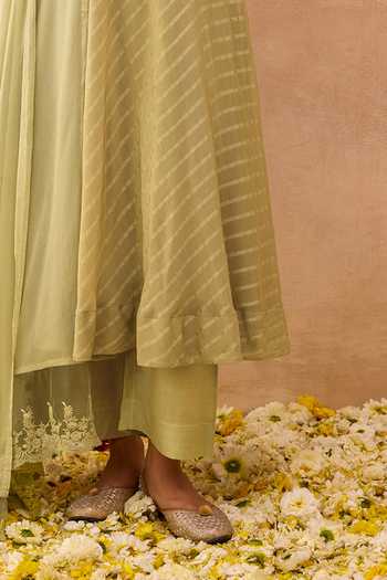 Buy_Taro_Green Silk, Cotton, Georgette, Chiffon Olive Mist Stripe Pattern Anarkali Set _Online_at_Aza_Fashions