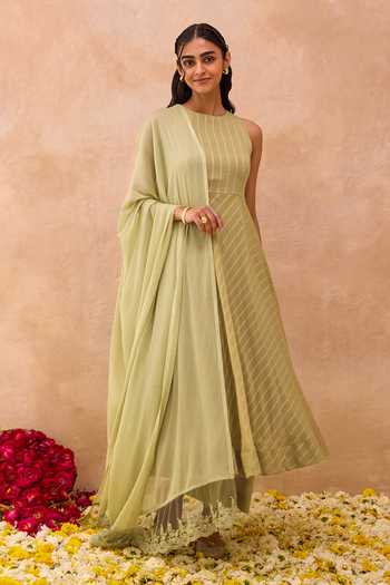 Shop_Taro_Green Silk, Cotton, Georgette, Chiffon Olive Mist Stripe Pattern Anarkali Set _Online_at_Aza_Fashions