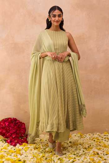 Taro_Green Silk, Cotton, Georgette, Chiffon Olive Mist Stripe Pattern Anarkali Set _at_Aza_Fashions