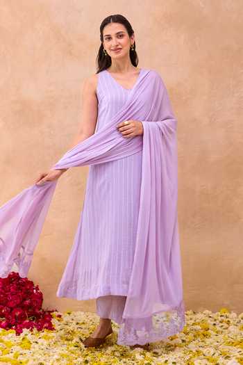 Shop_Taro_Lavender Silk, Cotton, Georgette, Chiffon V-neck Grace Stripe Pattern Kurta Set _Online_at_Aza_Fashions