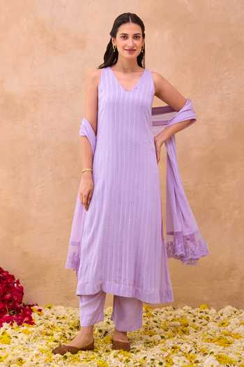 Taro_Lavender Silk, Cotton, Georgette, Chiffon V-neck Grace Stripe Pattern Kurta Set _at_Aza_Fashions