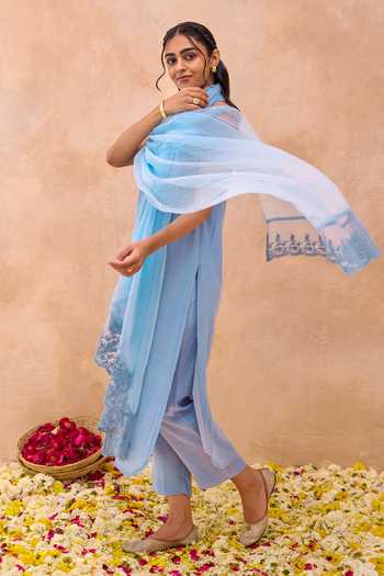 Taro_Blue Silk, Cotton, Kota Doria V-neck Serene Sky Sleeveless Kurta Set _Online_at_Aza_Fashions