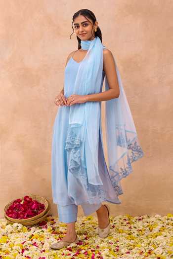 Buy_Taro_Blue Silk, Cotton, Kota Doria V-neck Serene Sky Sleeveless Kurta Set _Online_at_Aza_Fashions