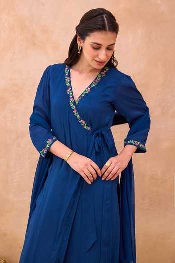 Taro_Blue Silk, Cotton, Crepe, Chiffon Twilight Bloom Embroidered Angarkha Set _Online_at_Aza_Fashions