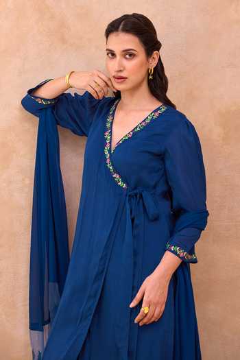 Shop_Taro_Blue Silk, Cotton, Crepe, Chiffon Twilight Bloom Embroidered Angarkha Set _Online_at_Aza_Fashions