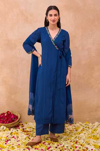 Taro_Blue Silk, Cotton, Crepe, Chiffon Twilight Bloom Embroidered Angarkha Set _at_Aza_Fashions