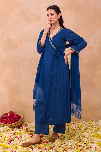 Buy_Taro_Blue Silk, Cotton, Crepe, Chiffon Twilight Bloom Embroidered Angarkha Set 