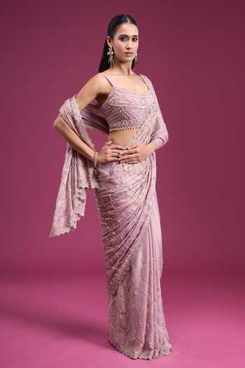 Buy_Samyukta Singhania_Purple Chinon Sweetheart Neck Handwork Saree With Blouse 