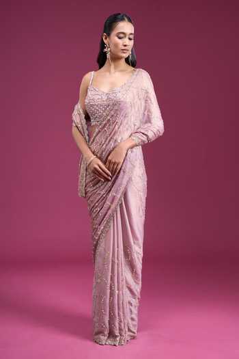 Shop_Samyukta Singhania_Purple Chinon Sweetheart Neck Handwork Saree With Blouse 