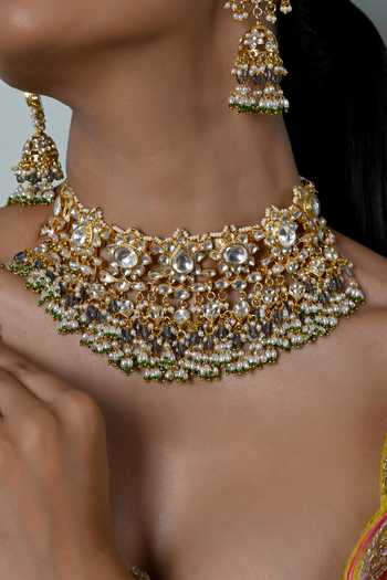 Buy_Shlok Jewels_White Floral Embellished Necklace And Earrings Set _Online_at_Aza_Fashions