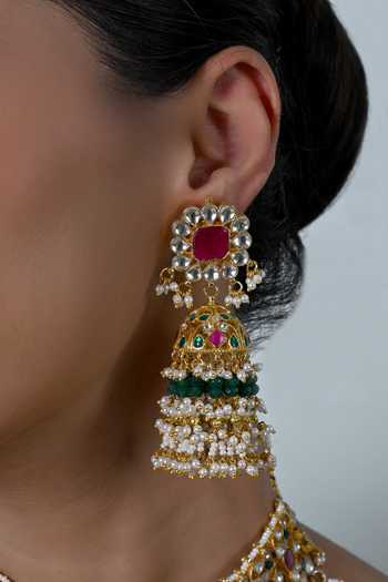 Shlok Jewels_Multi Color Kundan Embellished Bridal Necklace Set _Online_at_Aza_Fashions