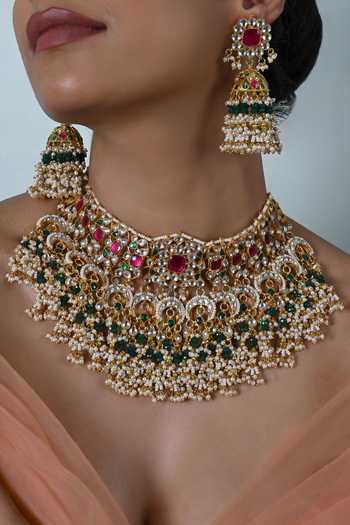 Buy_Shlok Jewels_Multi Color Kundan Embellished Bridal Necklace Set _Online_at_Aza_Fashions