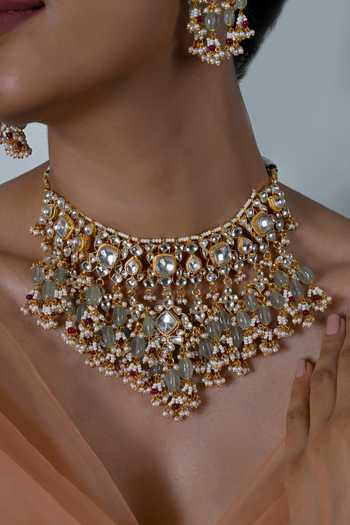 Buy_Shlok Jewels_White Stone Kundan Embellished Necklace And Earrings Set _Online_at_Aza_Fashions