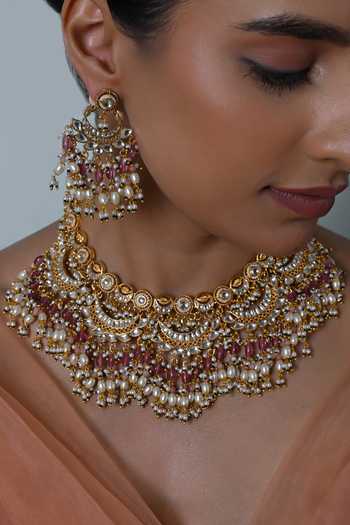 Buy_Shlok Jewels_White Kundan And Beads Embellished Necklace Set _Online_at_Aza_Fashions