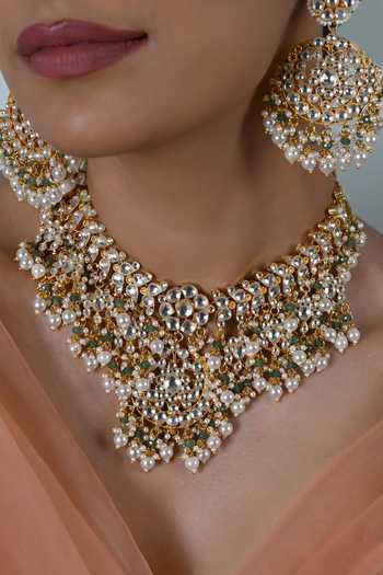 Buy_Shlok Jewels_White Semi Precious Stone Embellished Necklace And Earrings Set _Online_at_Aza_Fashions