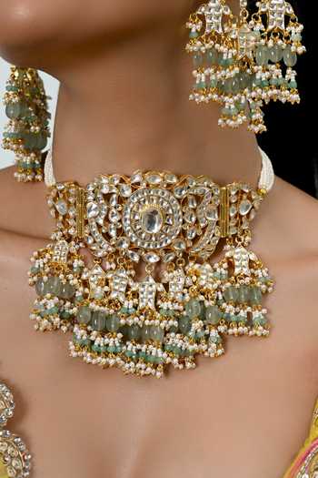 Buy_Shlok Jewels_White Cutwork Embellised Necklace And Earrings Set _Online_at_Aza_Fashions