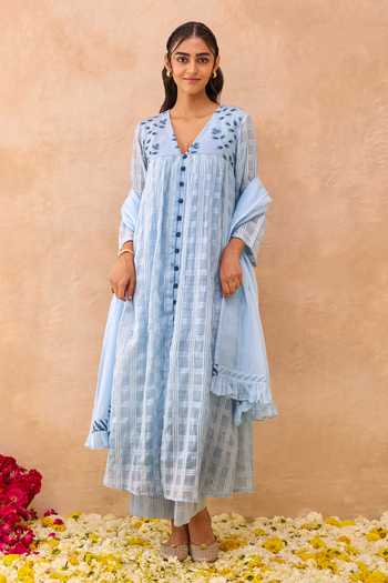 Shop_Taro_Blue Cotton V-neck Skyloom Floral Embroidered Dress 