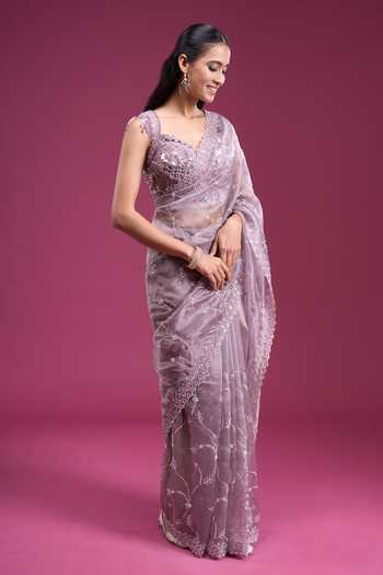 Buy_Samyukta Singhania_Purple Organza, Tissue Scoop Neck Beads Sequin Handwork Saree With Blouse 