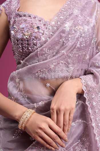 Shop_Samyukta Singhania_Purple Organza, Tissue Scoop Neck Beads Sequin Handwork Saree With Blouse 