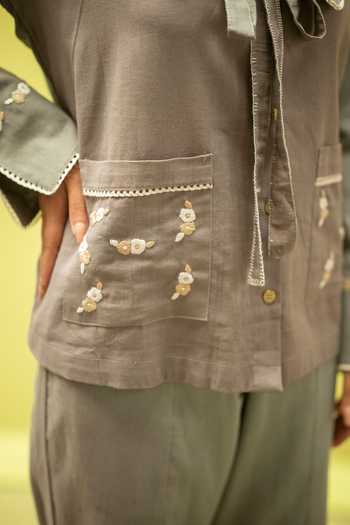 Vaani Beswal_Grey Cotton V-neck Thresh Handwoven Top And Pant Set _at_Aza_Fashions