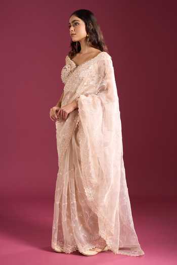 Shop_Samyukta Singhania_Cream Organza, Tissue Sweetheart Neck Tonal Handwork Saree With Blouse _Online_at_Aza_Fashions