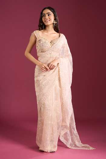 Buy_Samyukta Singhania_Cream Organza, Tissue Sweetheart Neck Tonal Handwork Saree With Blouse 