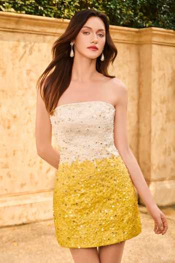 House Of Eda_White Viscose, Polyester Bandeau Neck Siena Ombre Embellished Dress _Online_at_Aza_Fashions