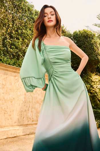 House Of Eda_Multi Color Cotton One Shoulder Camilla Draped Poplin Midi Dress _Online_at_Aza_Fashions