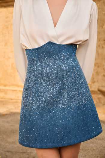 House Of Eda_Ivory Cotton, Viscose V-neck Siena Denim Embellished Skirt With Top _at_Aza_Fashions