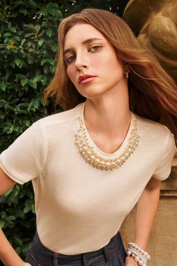 House Of Eda_Ivory Cotton, Jersey Round Neck Darcie Linen Embellished Top _Online_at_Aza_Fashions
