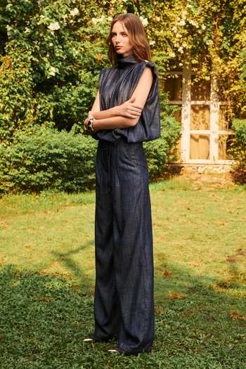 House Of Eda_Blue Silk, Cotton High Neck Kiro Denim Top And Pant Set _Online_at_Aza_Fashions