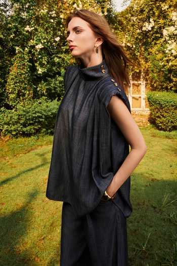 Buy_House Of Eda_Blue Silk, Cotton High Neck Kiro Denim Top And Pant Set _Online_at_Aza_Fashions