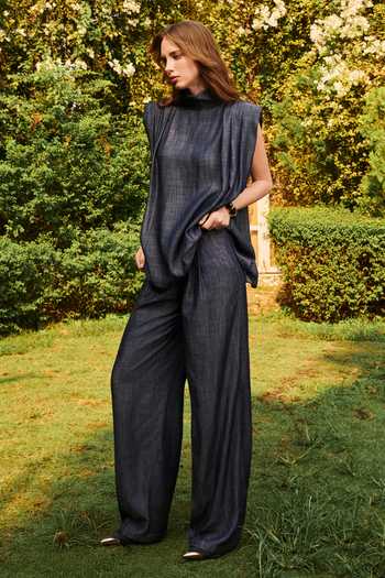 Shop_House Of Eda_Blue Silk, Cotton High Neck Kiro Denim Top And Pant Set _Online_at_Aza_Fashions