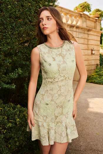 Shop_House Of Eda_Green Nylon Round Neck Lisette Embellished Lace Dress _Online_at_Aza_Fashions
