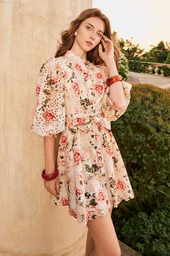 House Of Eda_Pink Cotton Mandarin Collar Breanne Embroidered Dress _Online_at_Aza_Fashions