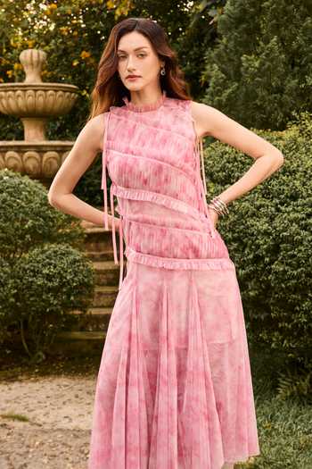House Of Eda_Pink Nylon High Neck Freda Tie Dye Tulle Midi Dress _Online_at_Aza_Fashions