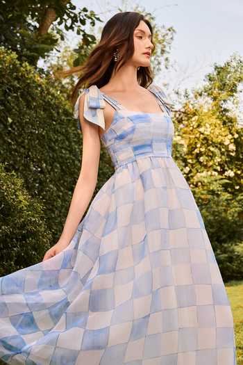 House Of Eda_Blue Silk, Nylon Square Neck Leanne Midi Dress _Online_at_Aza_Fashions