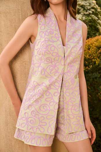 Buy_House Of Eda_Green Cotton V-neck Arabella Embroidered Blazer And Shorts Set _Online_at_Aza_Fashions