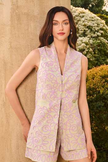 Shop_House Of Eda_Green Cotton V-neck Arabella Embroidered Blazer And Shorts Set _Online_at_Aza_Fashions