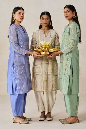 Shop Nitika Gujral Ivory Chanderi Split V-neck Gold Patch Work Kurta And Salwar Set Online at Aza Fashions Shop_Nitika Gujral_Ivory Chanderi Split V-neck Gold Patch Work Kurta And Salwar Set _Online_at_Aza_Fashions