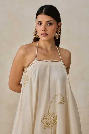Nitika Gujral_Ivory Chanderi Halter Neck Floral Applique Anarkali With Pant _Online_at_Aza_Fashions
