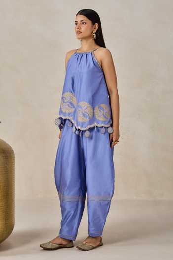 Nitika Gujral Blue Chanderi Halter Neck Applique Embroidered Top And Salwar Set Online at Aza Fashions Nitika Gujral_Blue Chanderi Halter Neck Applique Embroidered Top And Salwar Set _Online_at_Aza_Fashions