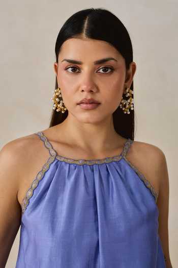 Buy Nitika Gujral Blue Chanderi Halter Neck Applique Embroidered Top And Salwar Set Online at Aza Fashions Buy_Nitika Gujral_Blue Chanderi Halter Neck Applique Embroidered Top And Salwar Set _Online_at_Aza_Fashions