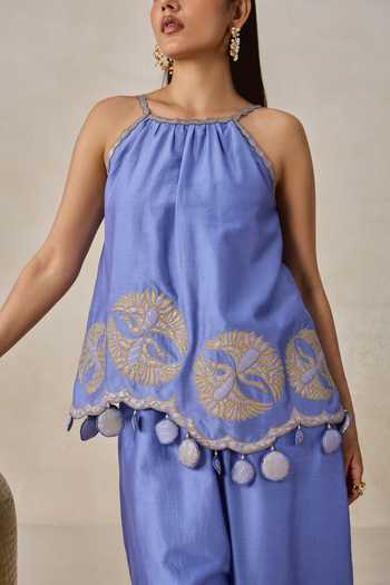 Shop Nitika Gujral Blue Chanderi Halter Neck Applique Embroidered Top And Salwar Set Online at Aza Fashions Shop_Nitika Gujral_Blue Chanderi Halter Neck Applique Embroidered Top And Salwar Set _Online_at_Aza_Fashions